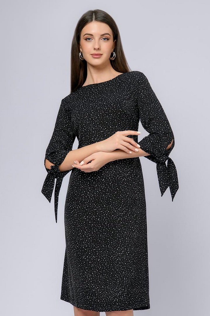 Фото товара 23085, платье черного цвета в горошек длины мини с завязками на рукавах