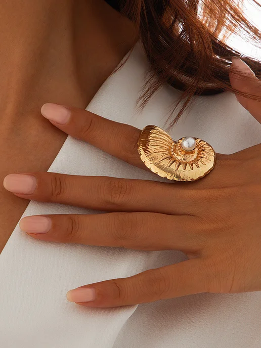 Фото товара 25596, кольцо ракушка бижутерия регулируемое безразмерное золотое